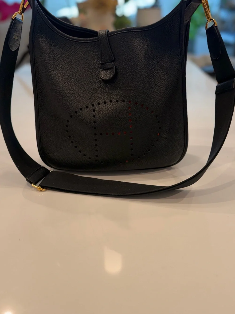 Hermes Black Perforated Evelyne Messenger Bag with Gold Hardware